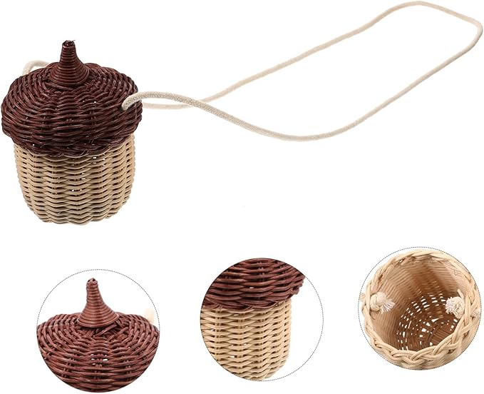 1pc Mini Acorn Satchel Rattan Basket Lid Boys and Girls Foraging Bag Rattan Decor Woven Storage Basket Cottagecore Accessory