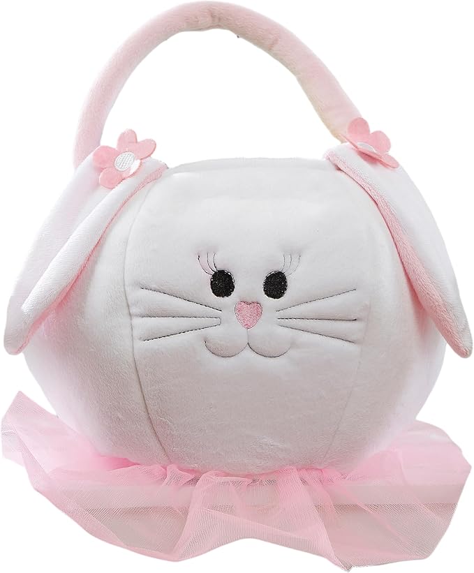 Personalization Universe Embroidered Pink Accented Easter Bunny Basket, Soft Plush Easter Egg Hunt Bag, Children's Holiday Basket