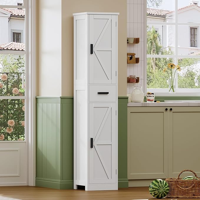 WEENFON 67 Tall Bathroom Cabinet with 6 Shelves & 1 Drawer, Narrow Storage Cabinet with Adjustable Shelves, Silm Cabinet for Living Room, Kitchen, White