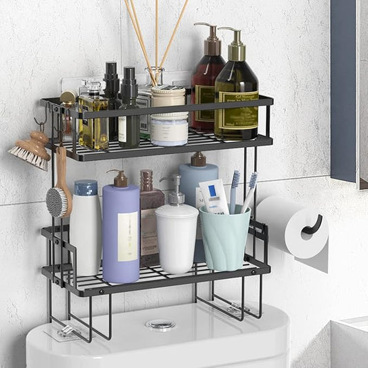 Over The Toilet Storage Shelf, 2-Tier Bathroom Storage Organizer Upgrade Punch-Free Toliet Storage Shelf, Home Storage Rack with Hooks Shelf,Black