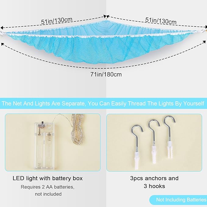 Unicorn Castle Stuffed Animals Net or Hammock Kids Toy Storage Organizer with LED Light Hanging Corner Stuffed Animals Holder Kids Girls Room Decor,Blue,Large (Pack of 1)