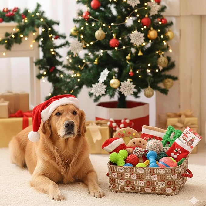 INough Christmas Baskets for Gifts Empty Festive Gift Bags Holiday Basket with Handles Collapsible Christmas Decor, Ornaments Storage Organizer for Baby Room, Kids Nursery, Home Holiday Decor