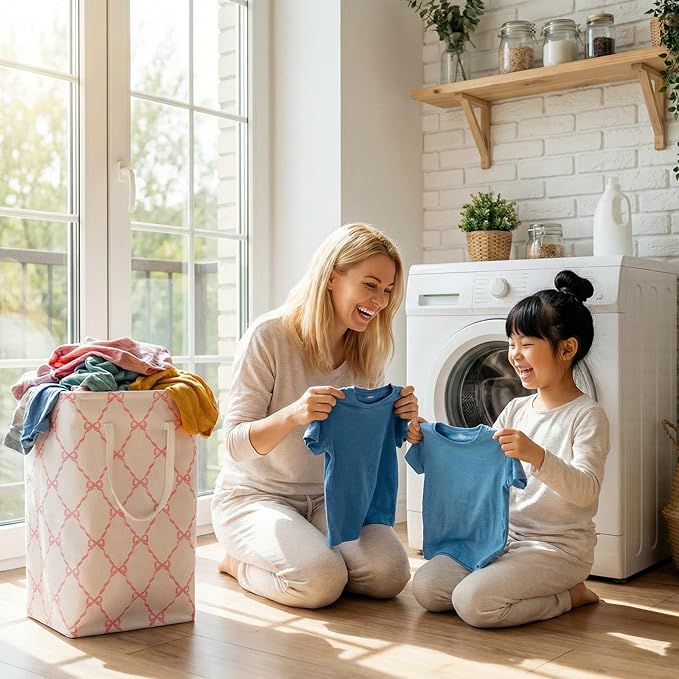 Leinuosen 2 Pcs Bow Pink Laundry Basket Pink Laundry Hamper Large Collapsible Bow Storage Baskets Cute Nursery Clothes Waterproof Hamper Room Organization for Bedroom Decor(Grid)