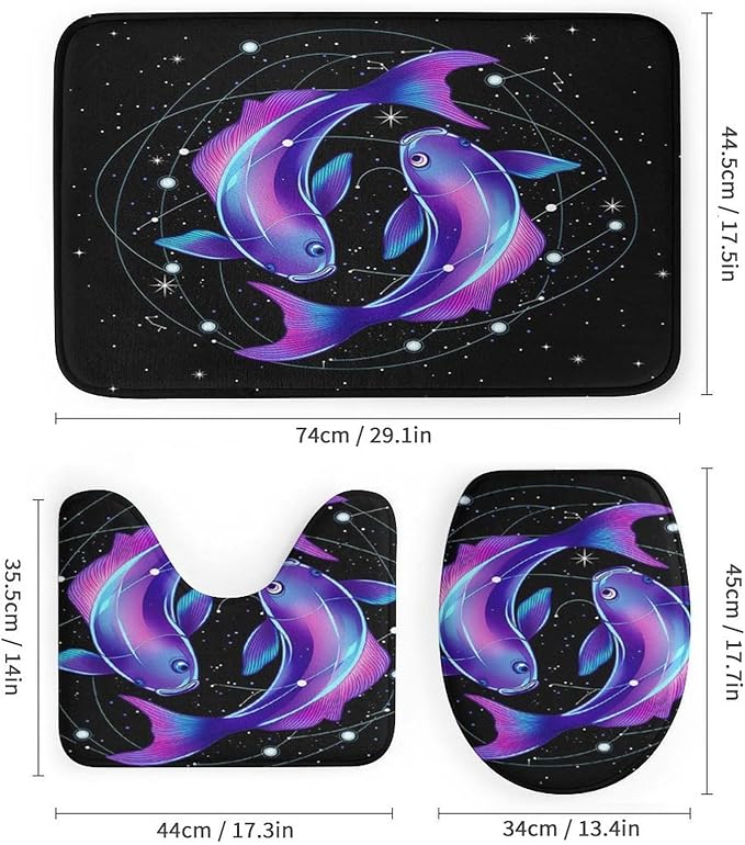 4 Pack Neon Fish Zodiac Pisces Art Shower Curtain + Bath Room Rug Mat Set, Water Repellent Window Curtain Absorbent Bath Room Rug Carpet