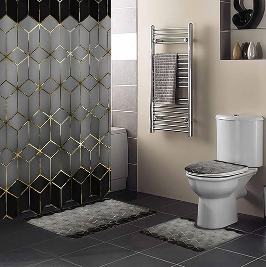 Grey Black Geometric Bathroom Set with Shower Curtain and Rug Accessories,72x72 Inches Long Bathtub Curtain with Large Bath Mat,Bathtub Floor Runner Rug Set,12 Hooks Minimalist Honey Gold Plaid Line