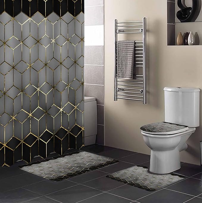 Grey Black Geometric Bathroom Set with Shower Curtain and Rug and Accessories,72x72 Inches Long Bathtub Curtain with Small Bath Mat,Minimalist Honey Gold Plaid Line Bathtub Floor Runner Rug Set