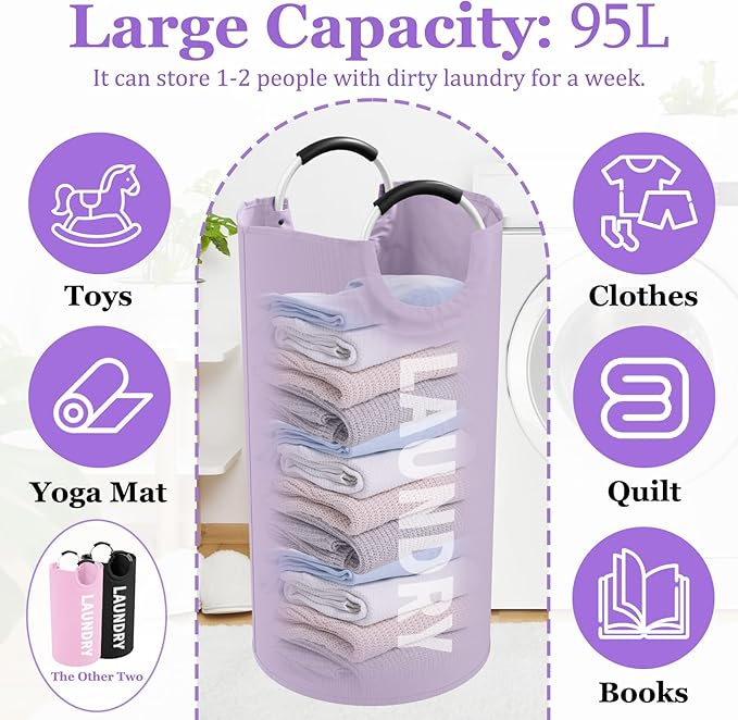 3Pack Folding Clothes Hamper with Handles, 95L Tall Laundry Basket Organizer, Durable Laundry Bags, Large Dirty Clothes Hamper for Family, Travelling, Camping, Purple + Pink + Black