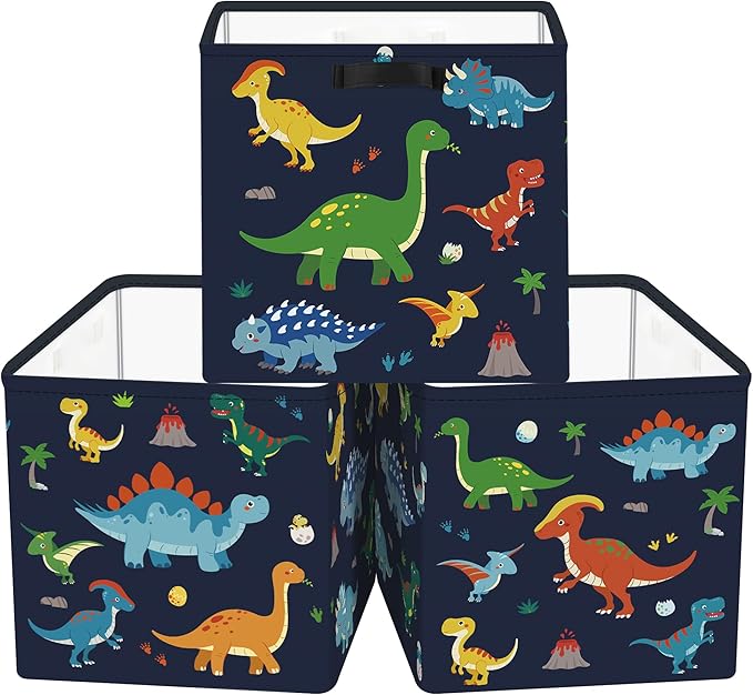 Clastyle 3 pcs Dinosaur Cube Storage Unit Bin with Metal Frame Volcano Kallax Box for Shelves Parents Closet Organizer Basket for Book Clothes Toy Organizer, Black, 11.8x11.8x11.8 in