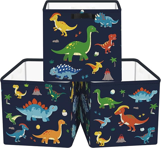 Clastyle 3 pcs Dinosaur Cube Storage Unit Bin with Metal Frame Volcano Kallax Box for Shelves Parents Closet Organizer Basket for Book Clothes Toy Organizer, Black, 11.8x11.8x11.8 in