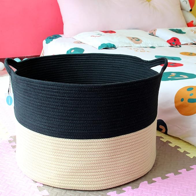 Casaphoria XXL Cotton Rope Woven Laundry Basket with Handle - Blanket, Comforter, Cushions Storage Bin - 21.7" x 21.7" x 13.8", Black and Brown