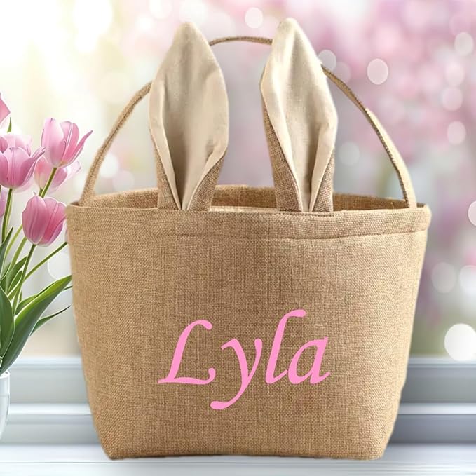 Personalized Easter Basket for Kids - For Boys - For Girls - Easter Bunny Basket with Custom Embroidered Name - For Egg Hunt Fillable Candy Gift - Burlap