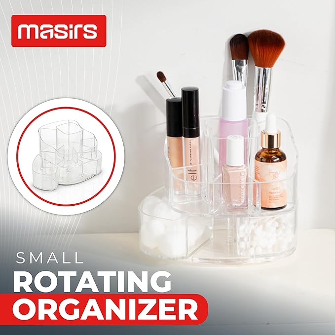 Masirs Small 360 Rotating Makeup Organizer - Mini Yet Spacious Cosmetic Storage Solution with Multiple Compartments - The Perfect Spinning Make-Up Caddy for Vanity or Bathroom Counter (Square - Clear)