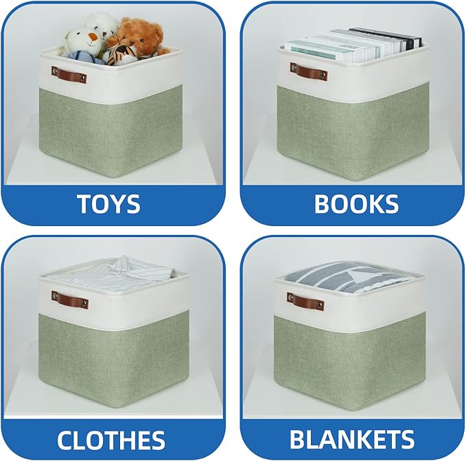 Temary Storage Baskets for Shelves 11 Inch Fabric Cube Storage Bins 4Pack Storage Cubes Fabric Storage Baskets for Organizing, Clothes, Decorative Cube Baskets with Handles (White&Green)