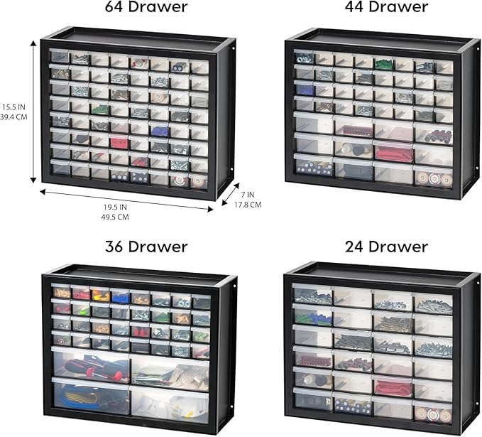 IRIS USA Plastic Storage Drawers, 24-Drawer, Stackable Small Parts Organizer Cabinet for Hardware Screw Nuts and Bolts Sticker Bead Balloon Building Bricks, Teacher Toolbox Garage Storage Bins, Black