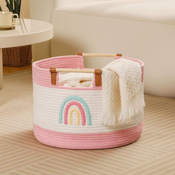 Cotton Rope Baskets for Kids Stuffed Animal Toys Storage for Nursery, Baby Baskets for Gifts Empty, Woven Basket with Wooden Handles Blanket Towel Toy 0rganizer Girls Blanket Storage Bins, Rainbow