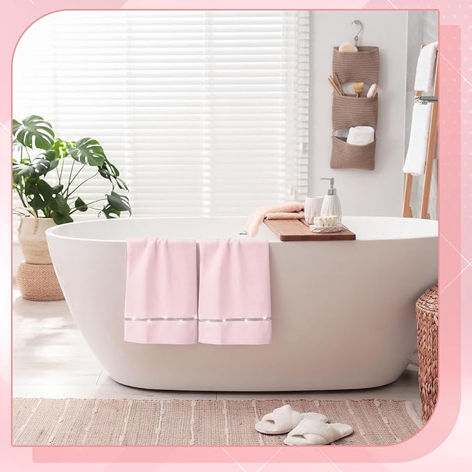 2 Pcs Pink Sparkling Hand Towels with Rhinestones for Bathroom 100% Cotton Glitter Soft Elegant Hand Bath Towels Absorbent Machine Washable for Spa Yoga Hotel Sport, 29.5" x 13.8"