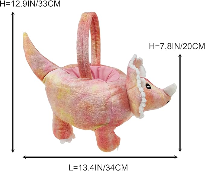 DearSun 3D Triceratops Plush Basket Easter Egg Hunting Basket, Cute Animal Plush Baskets for Easter Decorations Party Supplies Candy Gifts Storage, Pink