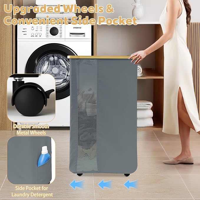 Rolling Laundry Hamper with Lid & Wheels, 110L Slim Double Grey Laundry Hamper 2 Section, Narrow Large Laundrys Hampers with Removable Bags&Breathable Mesh, Dirty Clothes Hampers for Bedroom