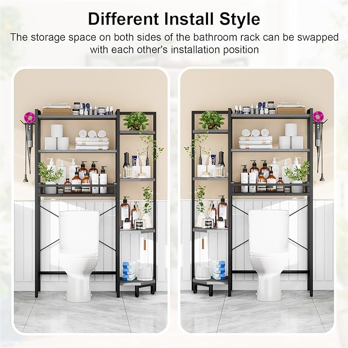K1 Heavy Duty 7-Tier Over The Toilet Storage（with Basket and Paper Hook） Freestanding Above Toilet Shelf with Adjustable Feet，Space Saver Bathroom Shelves 9.3" D x 33.5" W x 63.8" H，Grey