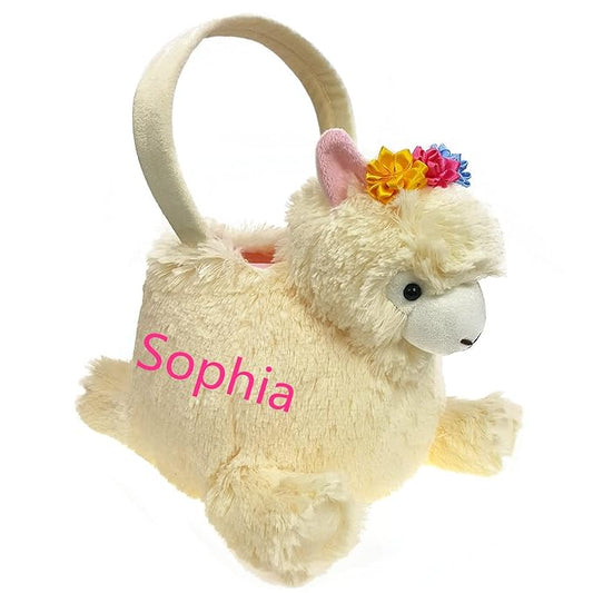 DearSun Personalized Easter Egg Hunting Basket 3D Plush Alpaca Baskets Gift Bucket with Embroidery Name (Plush Llama Basket with Customization)
