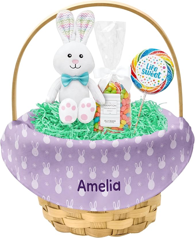 Let's Make Memories Personalized Easter Basket for Kids - For Boys - For Girls - Create Your Own - Fillable - Wicker - Easter Basket Stuffers - Large - Purple Bunny Faces