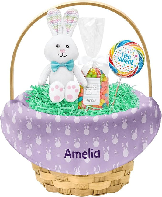 Let's Make Memories Personalized Easter Basket for Kids - For Boys - For Girls - Create Your Own - Fillable - Wicker - Easter Basket Stuffers - Large - Purple Bunny Faces
