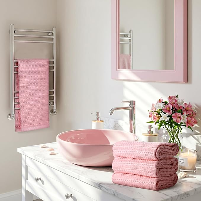 4 Pack Pink Hand Towels Waffle Striped Pattern 100% Cotton Soft Hand Towels for Bathroom 13 x 29 Inch Absorbent Waffle Washcloths for Bathroom Kitchen