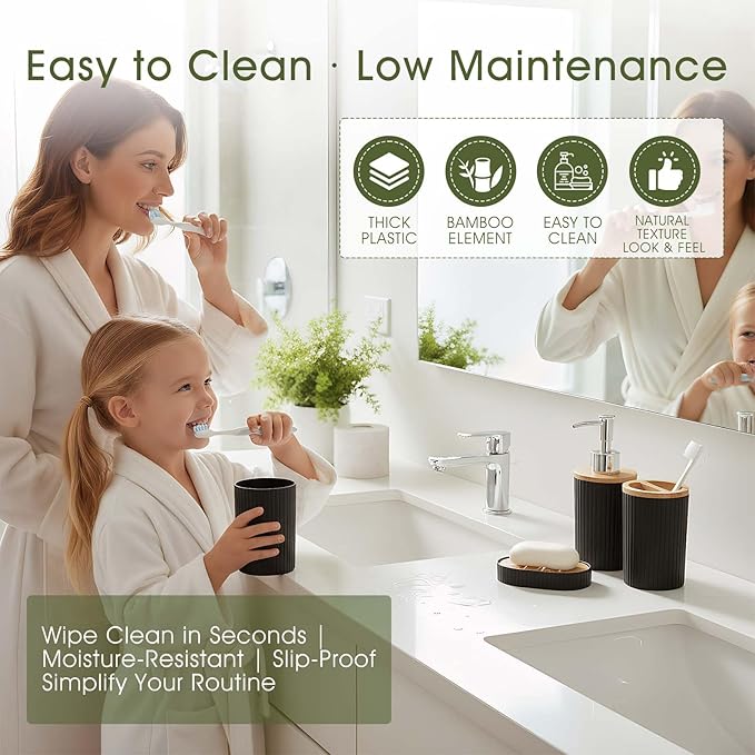 6-Piece Bathroom Set – Includes Toilet Brush,Trash Can & Soap Dispenser,Creating a Tidy and Coordinated Bathroom Space in One Stop，Round-Black