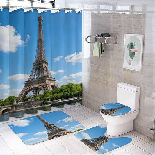 4 Piece Bathroom Rug Set with Shower Curtain, Non-Slip Bath Mat Toilet Cover Set, Eiffel Tower Bathroom Rug Sets
