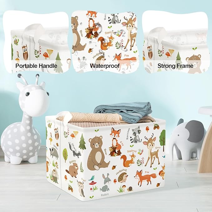 Clastyle Collapsible Words Animals Kid Book Toy Storage Basket Bear Raccoon Clothes Nursery Hamper for Bedroom Bathroom, Grey Rabbit 36L