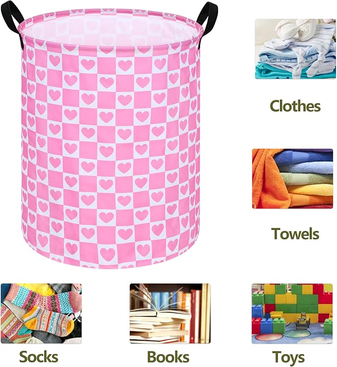 19.7 Inch Round Pink Valentine's Day Laundry Clothes Hamper Laundry Basket with Handles,Storage Organizer Bins Laundry Gift Basket for Room, Bedroom Decor (Pink Heart)
