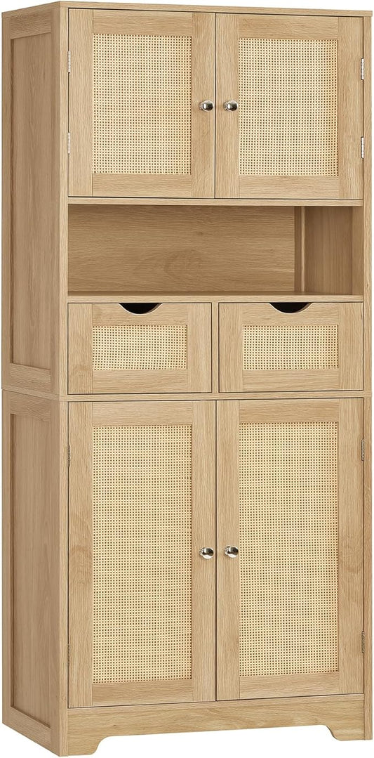 WEENFON 57.8" H Tall Storage Cabinet with 2 Drawers & 2 Adjustable Shelves, Rattan Cabinets with 4 Doors, Cupboard, Kitchen Cabinets, Pantry Cabinet, Tall Cabinet for Living Room, Entryway, Natural