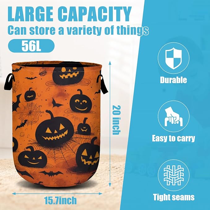 Spooky Pumpkin Laundry Basket, Halloween Laundry Hamper Collapsible Oxford Cloth with Handle Clothes Toy Storage Bin for Bathroom Laundry Room Bedroom 15.7 X 20 Inch