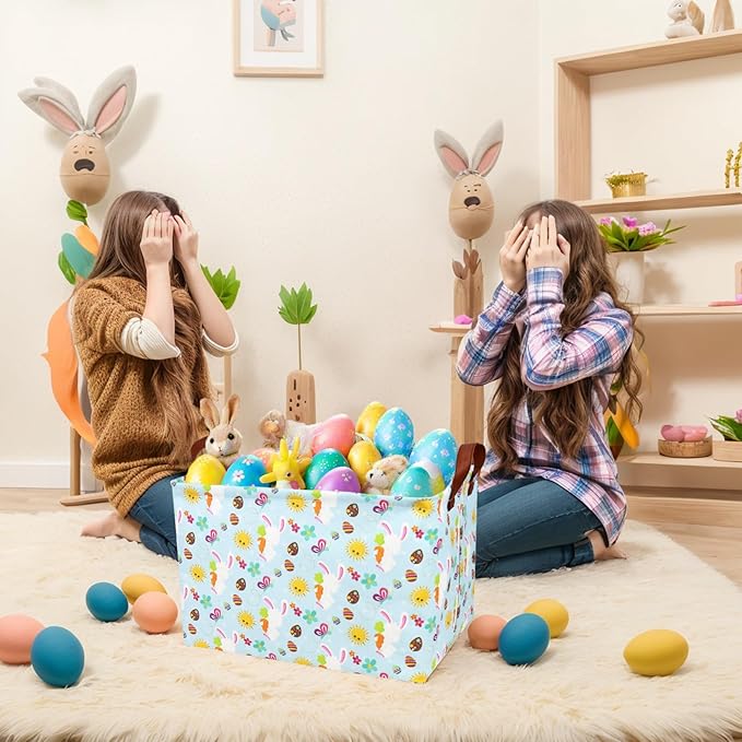 Easter Basket for Kid Large Empty Rectangular Cute Easter Gift Storage Basket Bunny Eggs Décor (Rabbit Butterfly Sun)