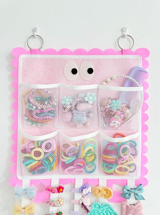 Hanging Hair Clip Organizer with Multiple Storage Pockets, Hair Bow Holder for Girls, Barrettes and Scrunchies Storage Solution, Hair Accessories Organizer (Pink)