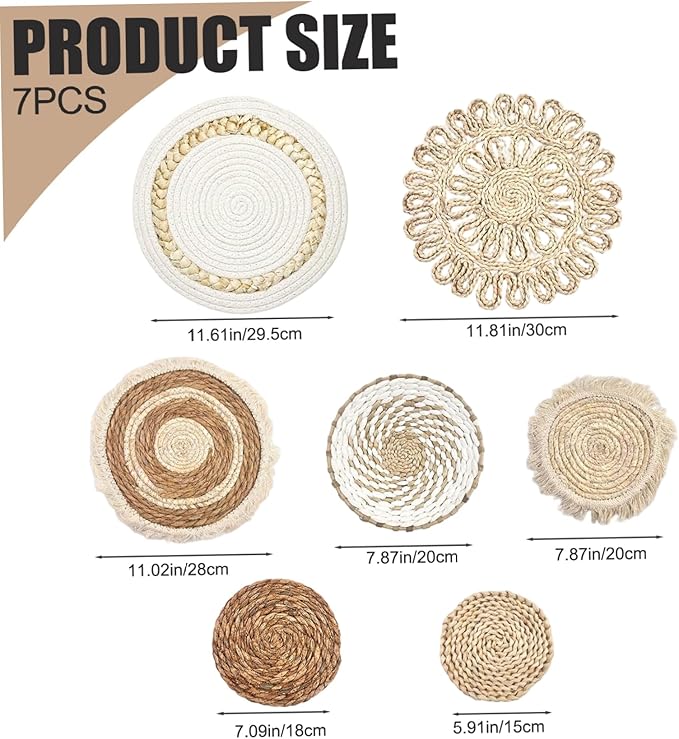 Boho Wall Baskets 7Pcs/Set Different Size & Style Boho Wall Basket Decor Straw Woven & Round Decorative Art for Living Room Bedroom Farmhouse Nursery Baskets, Basket Deco