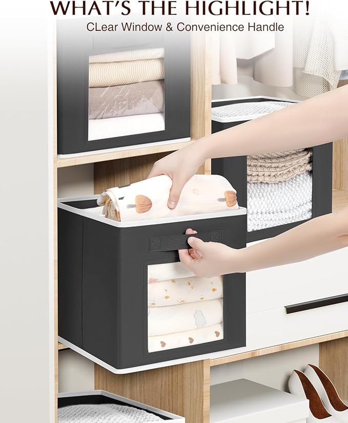 Foldable Storage Cubes - Cube Storage Organizer with Window, Decorative Baskets for Organizing, Fabric Bins for Clothes , 11 inch Black Closet bins, Set of 12, Black