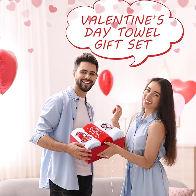 3 Pack Valentine's Day Bath Hand Towels Embroidered 100% Cotton 13.7 x 29.5 in Red Heart Love Bathroom Kitchen Decorations