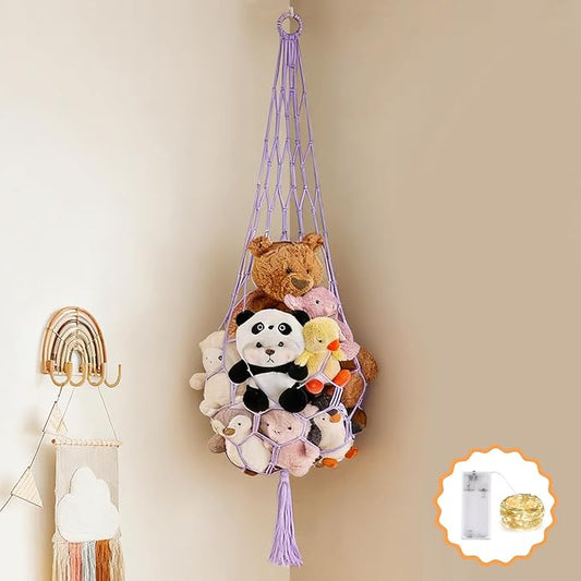 Stuffed Animal Hammock Corner Net with LED Light Plushies Storage Hammock for Stuffed Animals Boho Room Decor Macrame Wall Decor