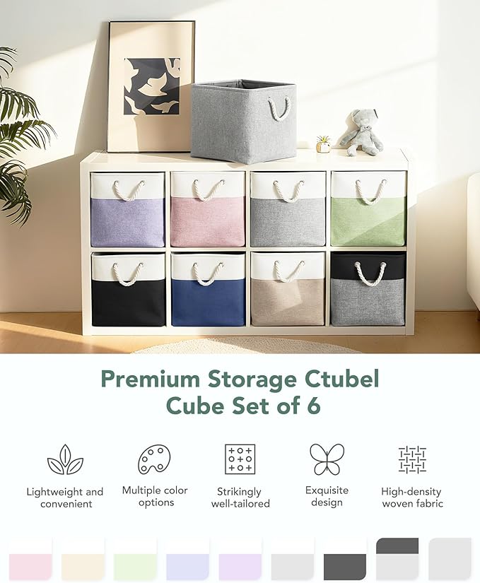 13x15x13 Storage Cube Bins, Heavy Duty Foldable Fabric Storage Bins with Handles and Metal Frame, 6 Pack Large Closet Organizer Bins for Clothes, Socks, Towels, Black Grey
