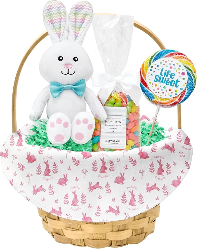 Let's Make Memories Personalized Easter Basket for Kids - For Boys - For Girls - Create Your Own - Fillable - Wicker - Easter Basket Stuffers - Small - Pink Rabbit