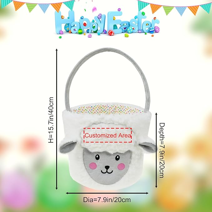 DearSun Exquisite Embroidery ! Personalized Plush White Lamb Basket Easter Egg Hunting Basket with Embroidery Name (Plush White Lamb)