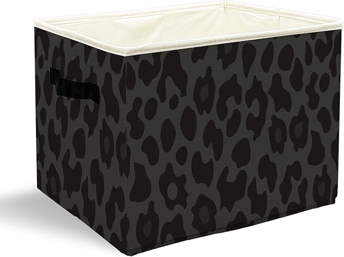 Black Leopard Print Storage Bins with Handles, Cheetah Print Room Decor, Trendy Leopard Collapsible Laundry Basket Storage Box for Home Bedroom Bathroom Clothes Toys Books