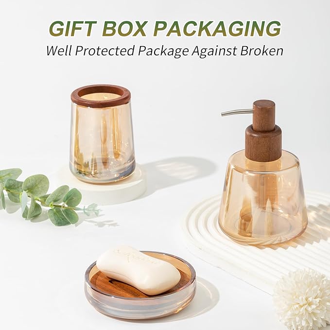 HJ 5PCS Gold Glass Bathroom Accessories Set,4mm Heavy-Duty Glass&Wood Bathroom Decor (Lotion Soap Dispenser,Aromatherapy Bottle,Soap Dish,Toothbrush Holder,Tumbler) Crystal Vintage Gift