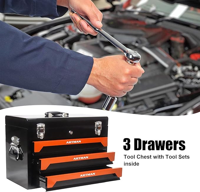 20" Portable 3 Drawer Steel Toolbox,Built in Tool Set,4 Layers of Tools with Metal Latches, with Top Storage Tray and carrying Handle, Multi-Function Tool Storage for Garage, Home,or Workbench