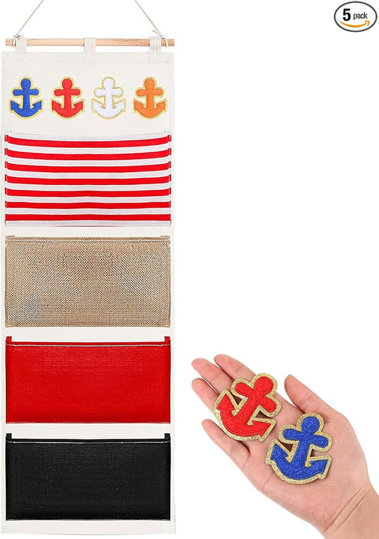 Fish Extender Cruise Gift Hanging Organizer with 4 Pockets and Iron on Anchor Patch Cabin Door Storage Bag 2026 Fe for Cruise Essentials Exchange Gift Pixie Dusting(Orange,White,Red,Blue)
