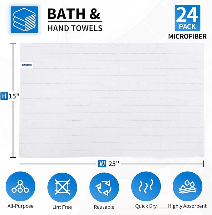 HOMERHYME Hand Towels for Bathroom, 24 Pack 25''*15'' Microfiber Bath Hand Towels, Quick Dry Lint Free Soft Absorbent Bulk Washcloths, Decorative White Towels for Tea Shower Yoga Gym Salon Kitchen