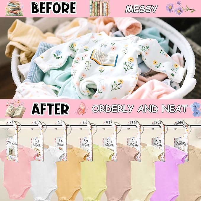 Baby Closet Dividers 8PCS, Storybook Themed Wooden Double-Sided Clothes Size Hanger/Organizer from Newborn to Toddler, Boho Wildflower Nursery Decor Baby Shower Birthday Party Gift