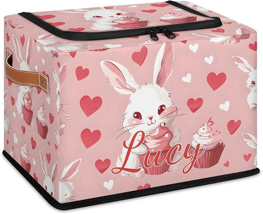 Custom Cute Rabbits Storage-Bin With Zipper Lid for Kids-Girls-Boys-Baby-Pet,Personalized Name Foldable Storage Box with Handle,Baby Basket With Label for Bedroom Nursery Toy Clothes,Pink