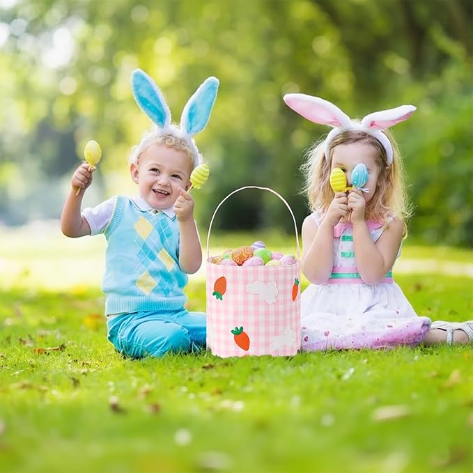 Easter Bunny Basket for Kids,Cute Easter Bucket Bags with Rabbit Ears for Easter Eggs Hunting,Easter Decorations,Candy Gifts Storage (Pink Gingham)